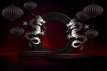 Wall Mural - Chinese New Year, textured dark illustration with metallic shade dragons with mosaic.