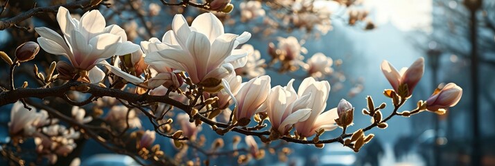 Frame White Magnolia Flowers Sky Blue, Banner Image For Website, Background, Desktop Wallpaper