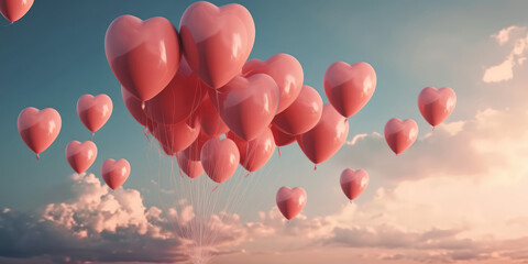 Pink Red heart balloons flying in blue sky. Valentine's day background. Love concept. Romantic banner, wallpaper