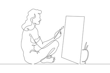 Wall Mural - A woman artist paints. A girl paints a picture with a brush on canvas. One continuous line drawing. Linear. Hand drawn, white background. One line