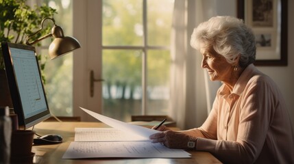 Poster - An older woman is sitting at a desk with a piece of paper and a computer. Generative AI.