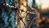 Fototapeta  - Barbed wire in prison. Steel fencing wire constructed with sharp edges or points arranged at intervals along the strands. Barb wire
