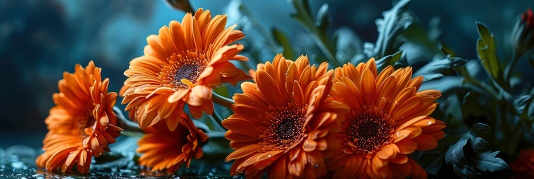 Orange Gerbera Flowers On Green Background, Banner Image For Website, Background, Desktop Wallpaper