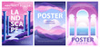 A set of abstract landscape poster in retrofuturism style. Retro wave and cyberpunk. Template design for Y2k events. Purple and pink cover