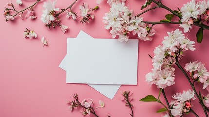 Wall Mural - White blank greeting card on the pink background with flowers, love letter