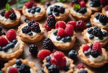 Wall Mural - Tasty berry tartlets or cake with cream cheese and different berries around Pastry dessert top view