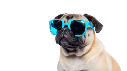 Pug wearing cool sunglasses in summer on a transparent background (PNG)