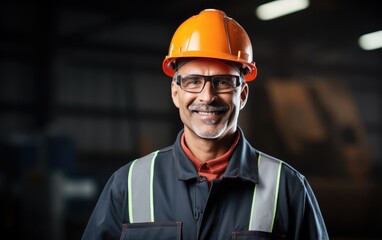 Professional smiling construction worker wearing safety uniform