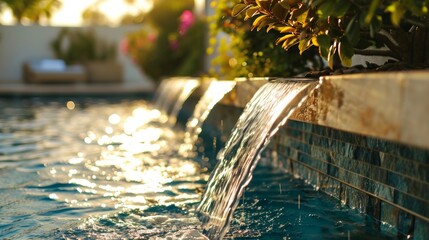 Poster - Generative AI Close-up of a stylish courtyard pool, cascading water feature, elegant design, relaxation area, detailed and picturesque depiction