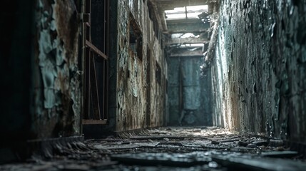 Poster - Generative AI Close-up view of Chernobyl's reactor sarcophagus, cracked walls, weathered structure, eerie atmospheric lighting, detailed linework
