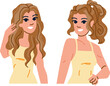model hairstyle woman vector. long care, straightener style, brown mirror model hairstyle woman character. people flat cartoon illustration