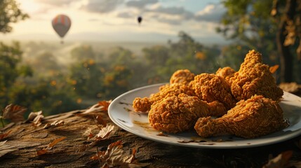 Poster -  a plate of fried food with a hot air balloon flying in the sky in the background in the foreground.