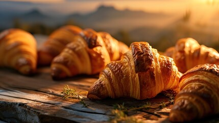 Canvas Print -  a group of croissants sitting on top of a wooden table next to each other on top of a wooden table.