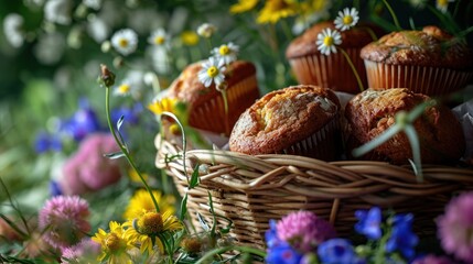 Sticker -  a basket filled with muffins sitting on top of a lush green field filled with lots of wildflowers.