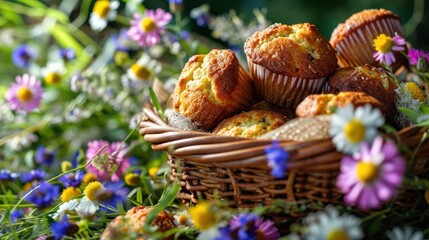 Poster -  a basket filled with muffins sitting on top of a lush green field filled with purple and yellow flowers.