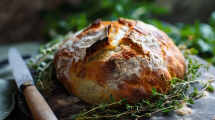 Canvas Print -  a loaf of bread sitting on top of a cutting board next to a knife and sprig of greenery.