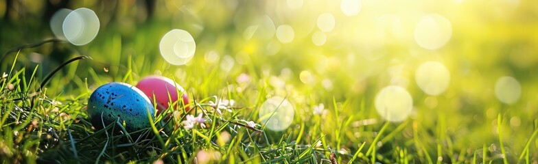 colorful Easter egg is lying in the grass