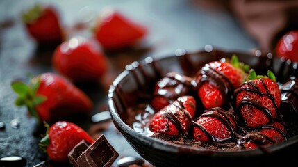 Sticker -  a bowl filled with chocolate covered strawberries on top of a table next to a pile of chocolate covered strawberries.