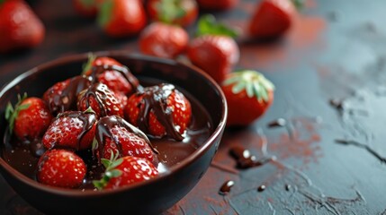 Poster -  a bowl filled with chocolate covered strawberries next to a pile of strawberries on top of a wooden table.