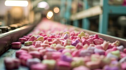 Sticker -  a conveyor belt filled with lots of pink, yellow and green marshmallows on top of it.