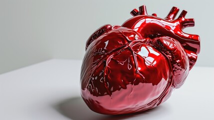 Poster -  a red heart shaped object sitting on top of a white table in front of a white wall in a room.