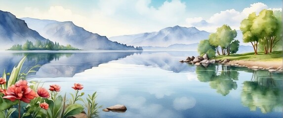 Wall Mural - Tranquil Tropical Landscape with Reflective Lake and Sky
