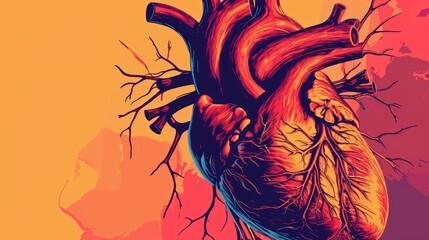 Wall Mural -  a drawing of a human heart on an orange and pink background with blood splatters on the left side of the heart.