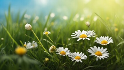 Wall Mural - a field of daisies with the sun shining in the background
