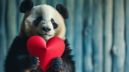 Wall Mural -  a panda bear holding a red heart in front of a blue wooden wall with a wooden fence in the background.