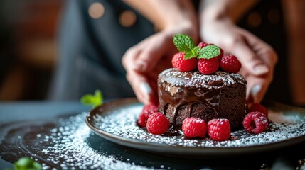 Wall Mural -  a person decorating a chocolate cake with raspberries on a plate with powdered sugar and powdered sugar.