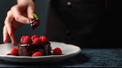 Sticker -  a chocolate cake with raspberries is being drizzled with a chocolate sauce on a white plate.