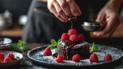 Sticker -  a person is decorating a chocolate cake with raspberries on a plate with another plate of raspberries in the background.