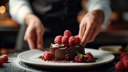 Sticker -  a person is decorating a chocolate cake with raspberries on a white plate with a knife and fork.