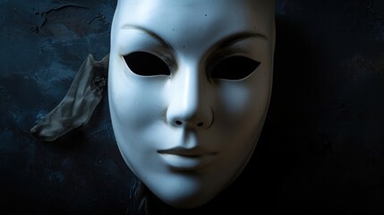 Canvas Print -  a white mask on a black background with a piece of cloth hanging off of the side of the mask to the side of the mask.