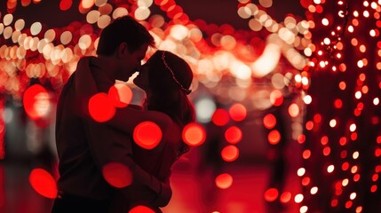 Canvas Print -  a man and a woman standing next to each other in front of a red and white display of christmas lights.