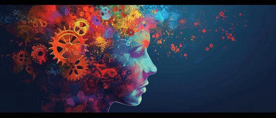 Wall Mural -  a woman's head with colorful gears coming out of the top of her head on a dark blue background.