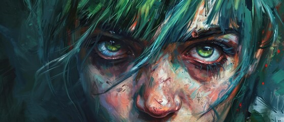 Canvas Print -  a painting of a woman's face with green hair and blue eyes, with green hair and green eyes.