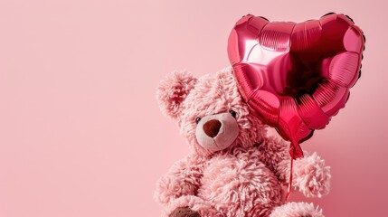 Wall Mural -  a pink  bear with a heart shaped balloon on it's back, sitting on a pink surface with a pink background. 