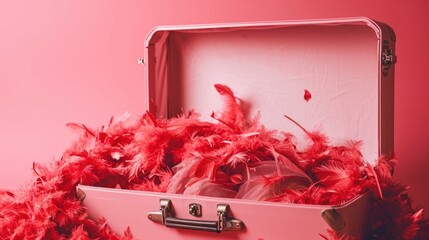 Wall Mural -  a pink suitcase filled with red feathers on top of a pink floor next to a pile of red feathers on top of a pink wall.