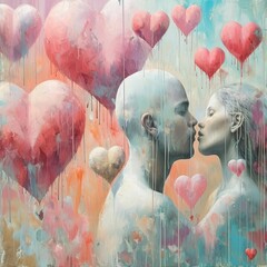 Poster -  a painting of a man and a woman kissing in front of a group of heart - shaped balloons that are floating in the air.