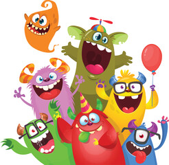 Wall Mural - Cute cartoon Monsters. Vector set of cartoon monsters with balloons and party hats. Illustration isolated