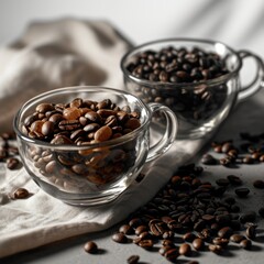 Poster -  a glass cup filled with coffee beans next to another glass cup filled with coffee beans on top of a white cloth.