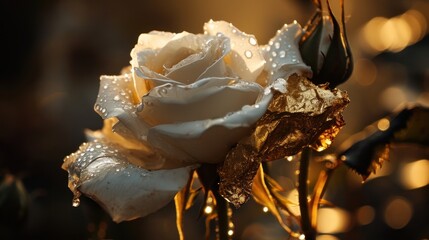 Wall Mural -  a close up of a white rose with drops of water on it's petals and a blurry background.