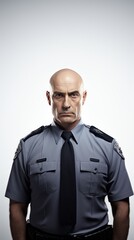 Poster - Generative AI Middle-aged male police officer in uniform, subtle smile, confident posture, full-height view on a plain white backdrop