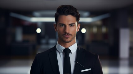 Poster - Generative AI Portrait of a male flight attendant in a cabin crew uniform, professional appearance, aircraft aisle background
