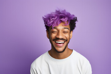 Wall Mural - Colorful studio portrait of an ethnic man smiling happily. Deep purple dominant color. Generative AI