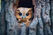 an owl peering out from a tree cavity at dusk
