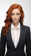 Poster - Generative AI red-haired woman in a suit on a white background dynamic pose wide