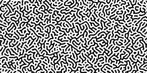 Abstract Turing organic wallpaper with background. Turing reaction diffusion monochrome seamless pattern with chaotic motion. Natural seamless line pattern. Linear design with biological shapes. 
