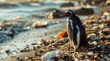 Penguin On The Beach With Garbage. Pollution Of The Ocean And Coast.
